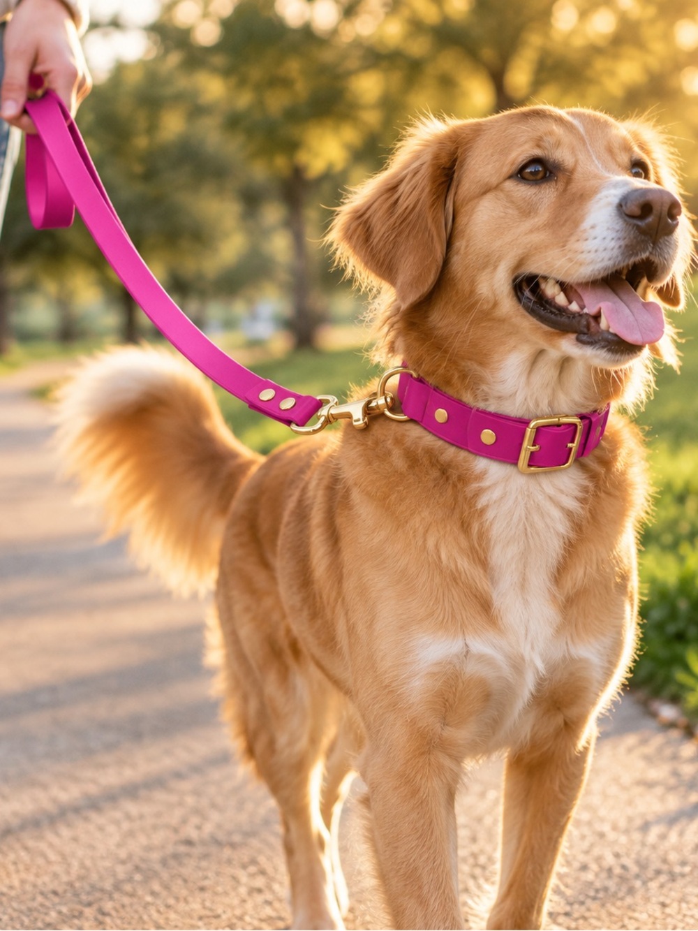 Pink Dog Collar and Leash Set with Gold Hardware